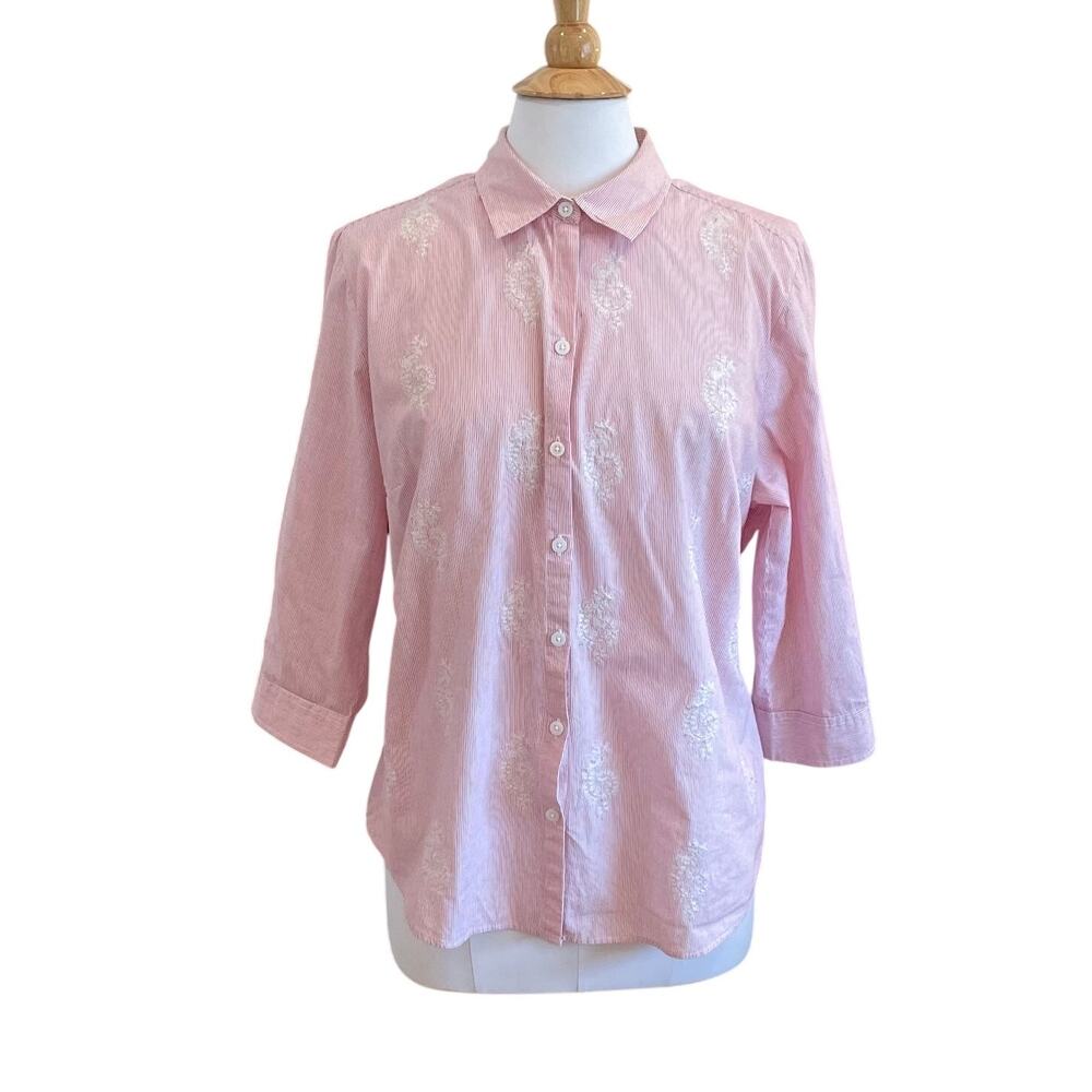Croft & Barrow Red Stripe Button Down Shirt, 3/4 Sleeve, Embroidered, Cotton, XL